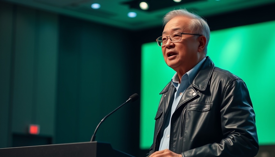 Elderly man in leather jacket speaking at tech conference, open source AI talk.