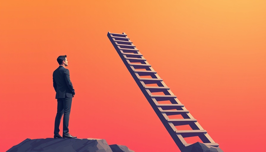 Minimalist illustration of broken corporate ladder with business people on vibrant background, representing AI transforming corporate structures.