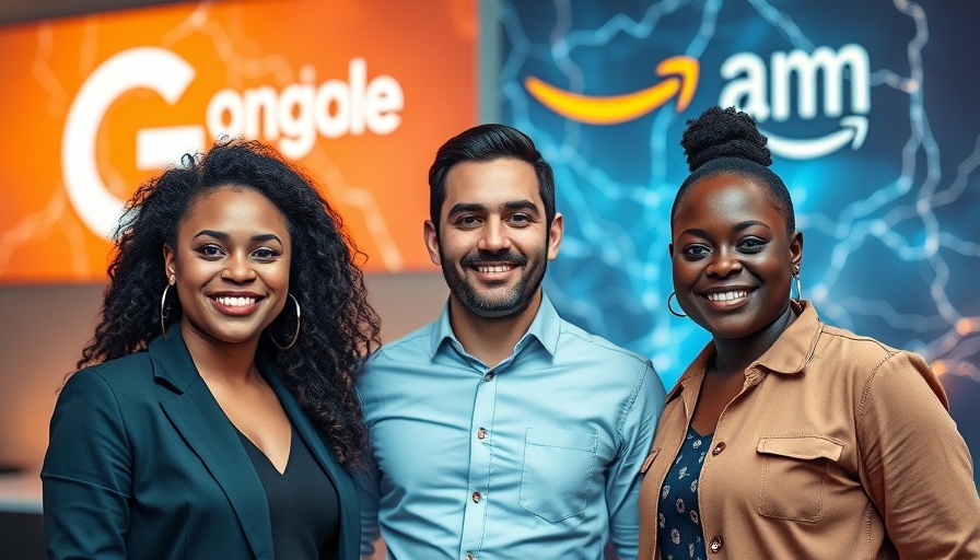 Three professionals with Amazon Google Ads Exit theme in tech backdrop.