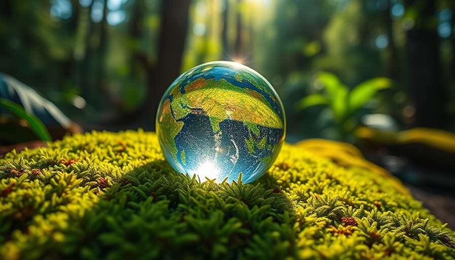 Glass globe on green moss in forest, symbolizing sustainability.