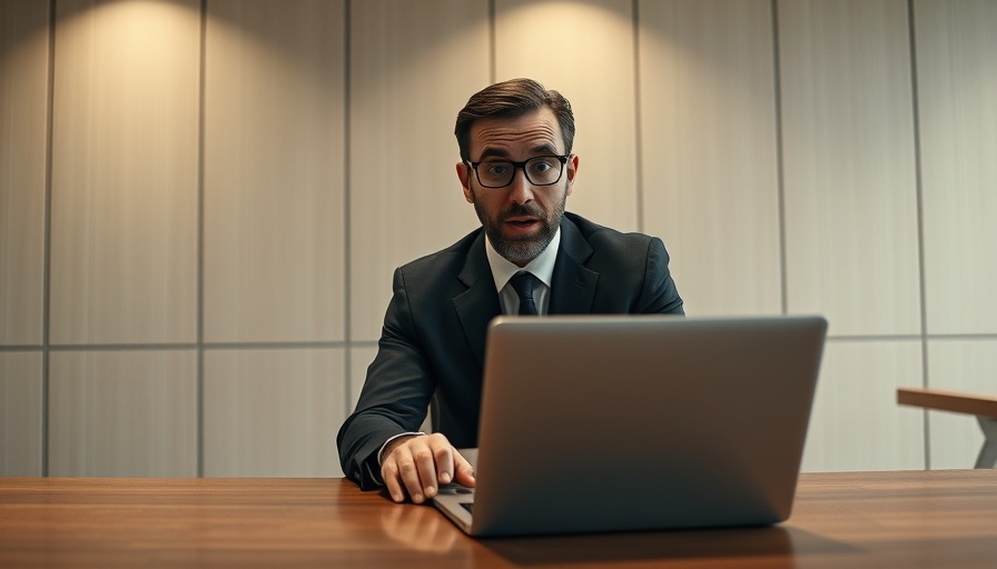 Surprised man in office feeling LinkedIn envy while using a laptop.