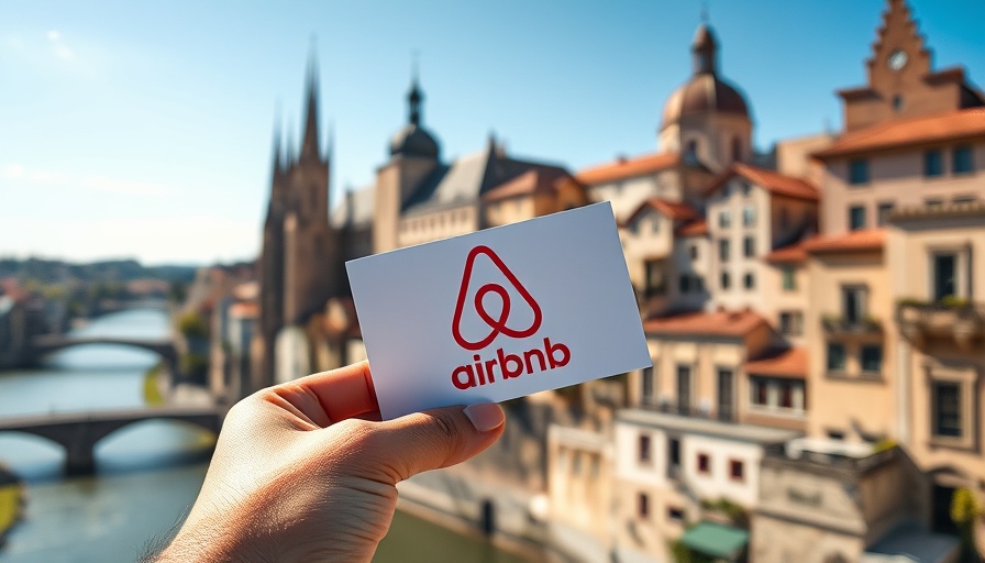 Airbnb logo held over European cityscape, representing social media marketing strategy.