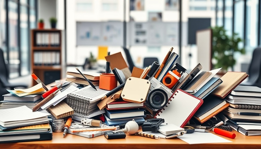 Conceptual illustration of productivity myths with scattered office items.