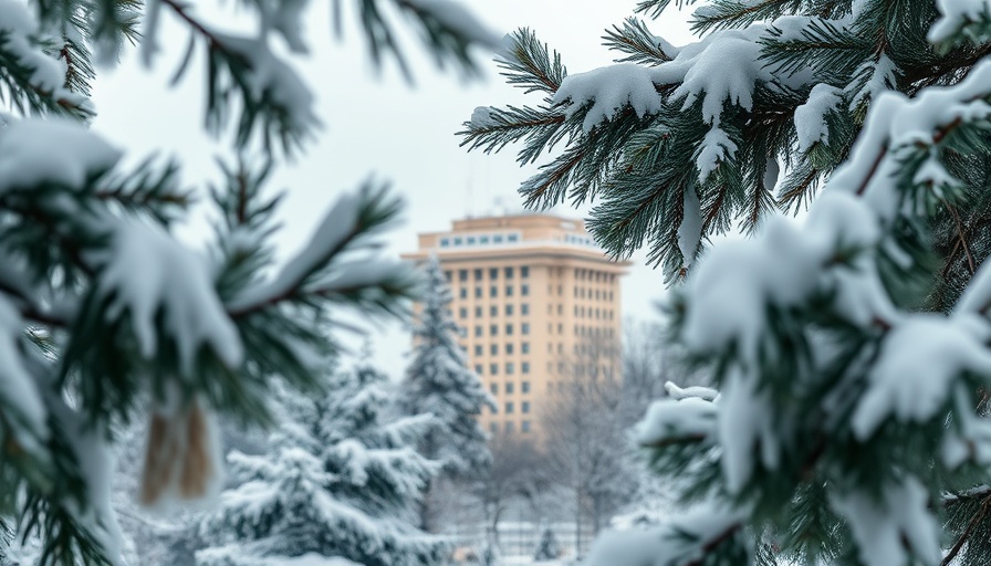 Bakken Property Management: Winter scene with building viewed through snowy branches.