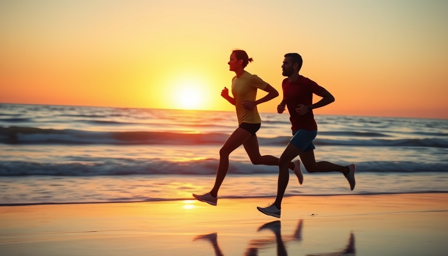 Silhouetted runners jogging on beach at sunrise with reflections.