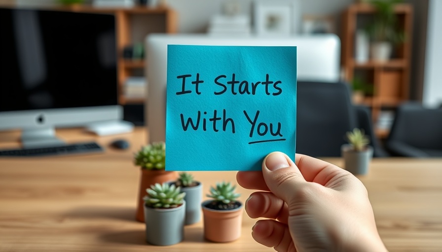 Motivational sticky note 'It Starts With You' in calm office setting.
