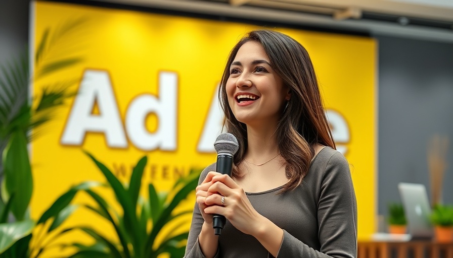 Engaging speaker at influencer marketing event with yellow Ad Age background.