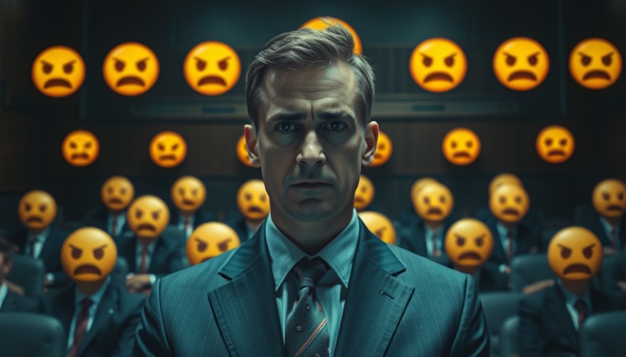 Surreal courtroom scene with emoji faces symbolizing social media harassment