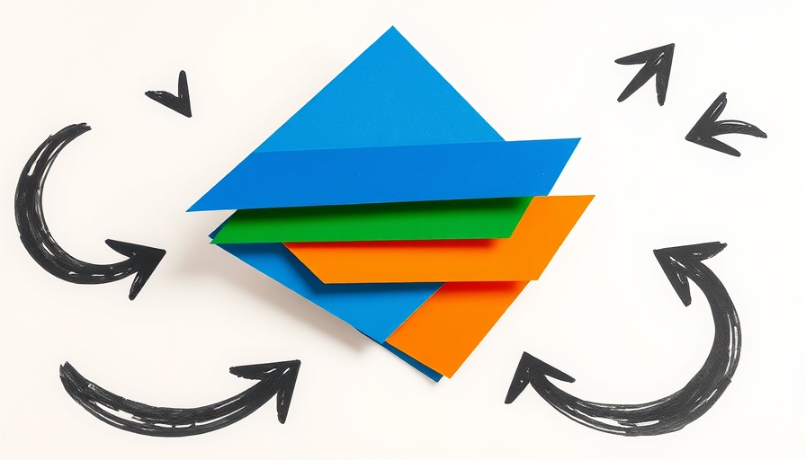 Colorful abstract shapes with directional arrows indicating progress.