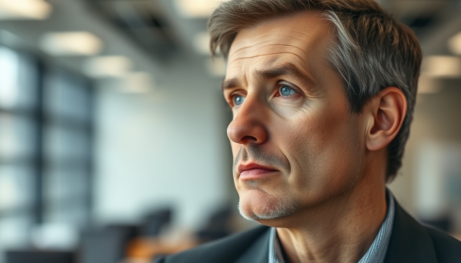 Middle-aged man looking thoughtful, office background.