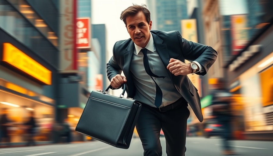 Business executive rushing through city, reflecting addiction to busyness.