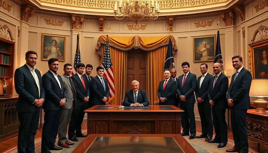 Trump hosts tech executives dinner in the Oval Office with executives standing.