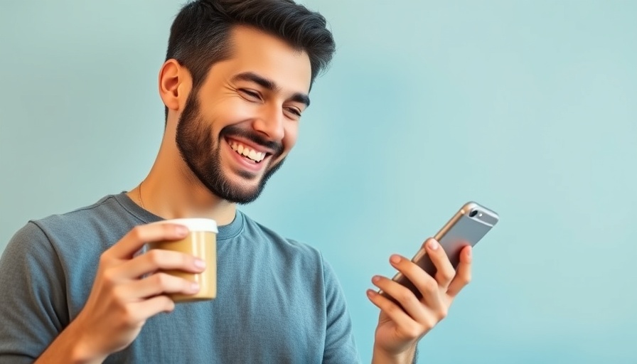 Smiling man with smartphone and coffee for networking