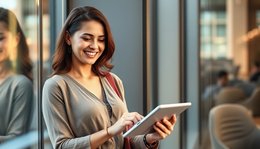 Woman using tablet near window, modern office setting.