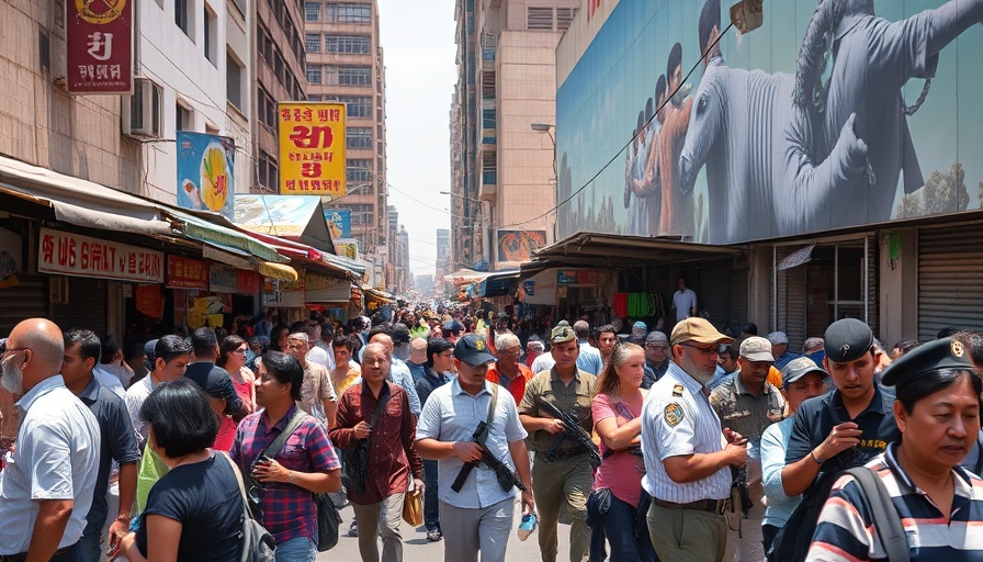 Urban market scene depicting social dynamics near large mural.