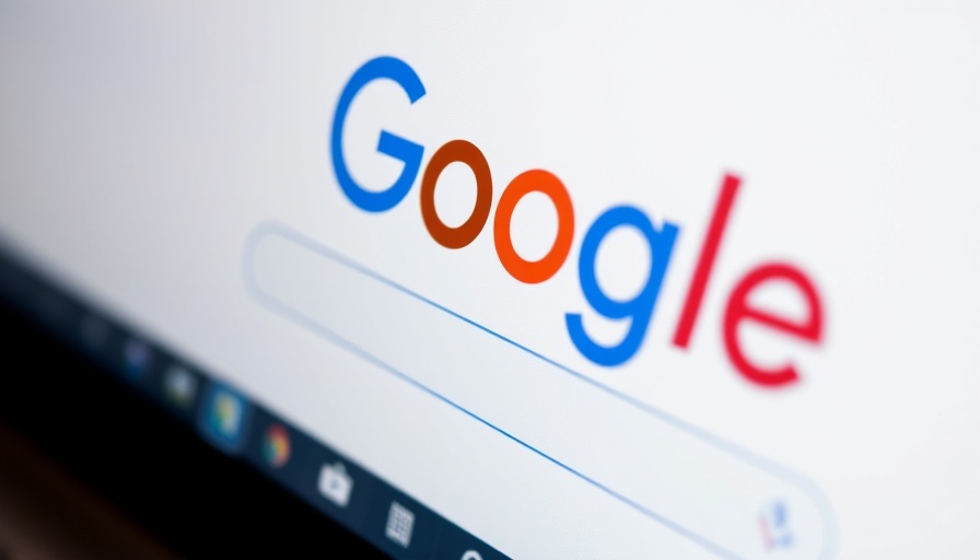 Close-up of Google search page on screen, colorful logo, buy Google reviews.