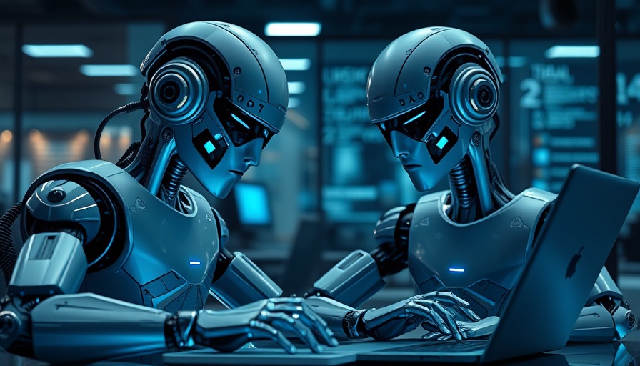 AI robots in a modern office setting typing on laptops.