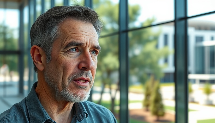 Mature man discussing Apple Veritas chatbot in modern office setting.