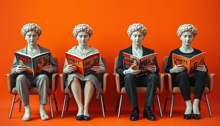 Classical statue-headed figures reading magazines, startup brand storytelling.