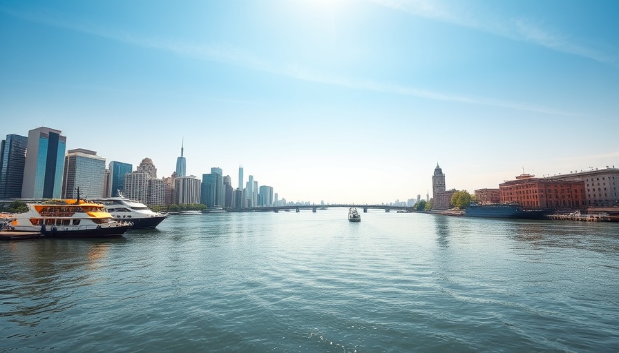 Urban river scene with skyline and boat on a sunny day, social media friendly.