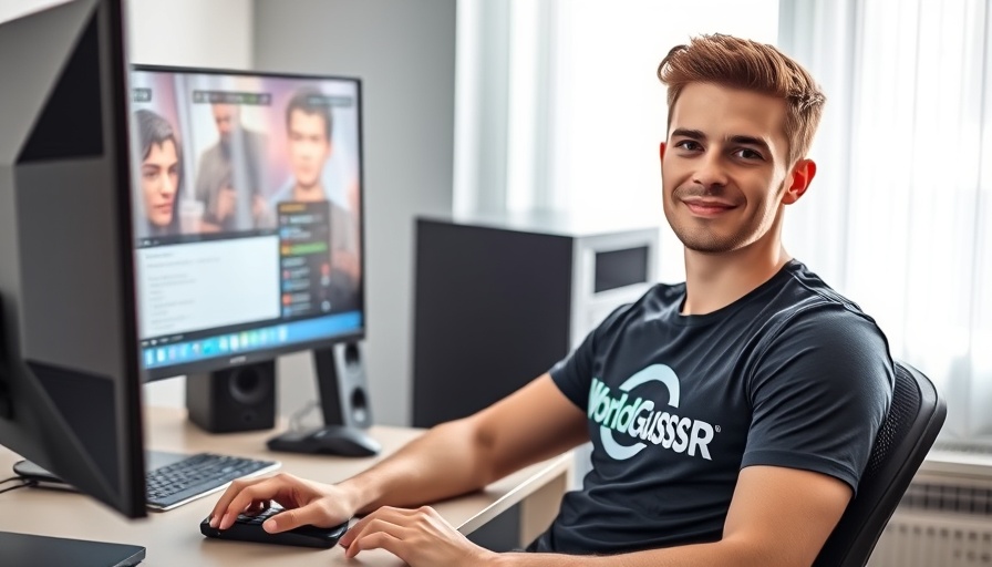 Young man in WorldGuessr t-shirt with game on screen.