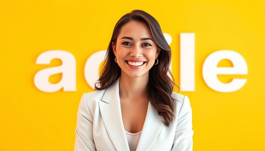 Smiling woman in white blazer with agile design background.
