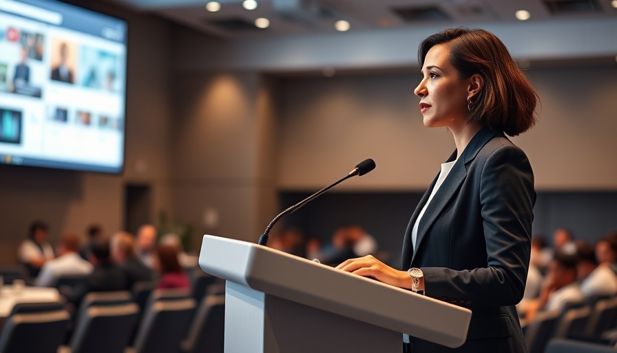 Professional speaker presents on digital advertising in a conference setting.