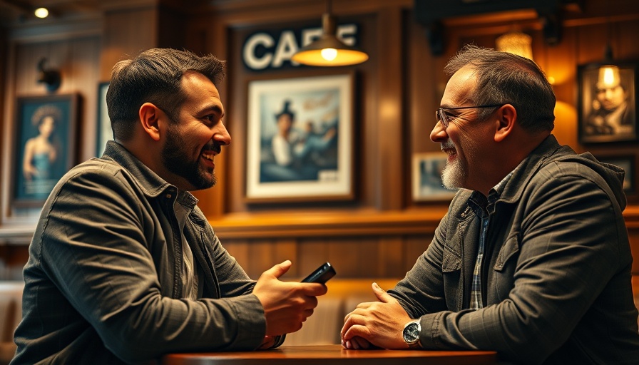 Men discussing recording device in cozy café, exploring social media listening.