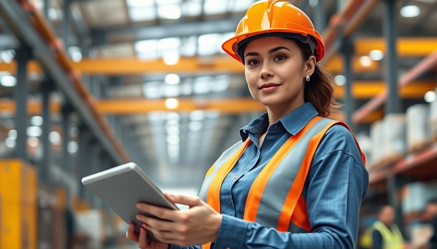 Woman executive in manufacturing, wearing safety gear and holding a tablet.