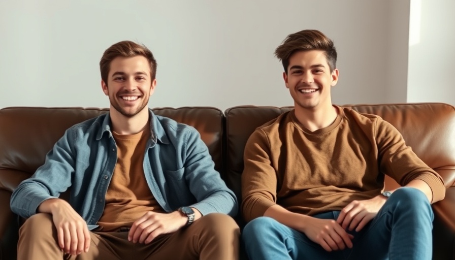 Two men smiling on a leather couch, casual indoor setting.