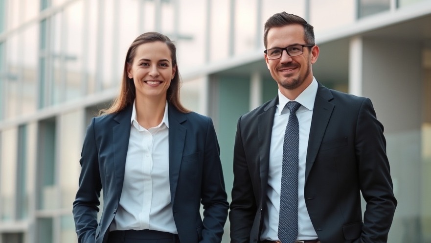 Two business people in suits collaborating in a professional setting.