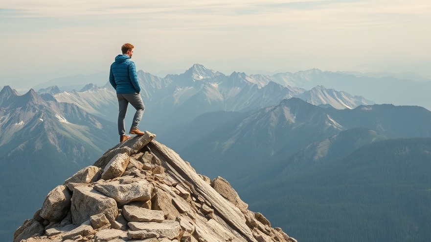 Man on a mountain peak symbolizing sustainable leadership and organizational purpose.