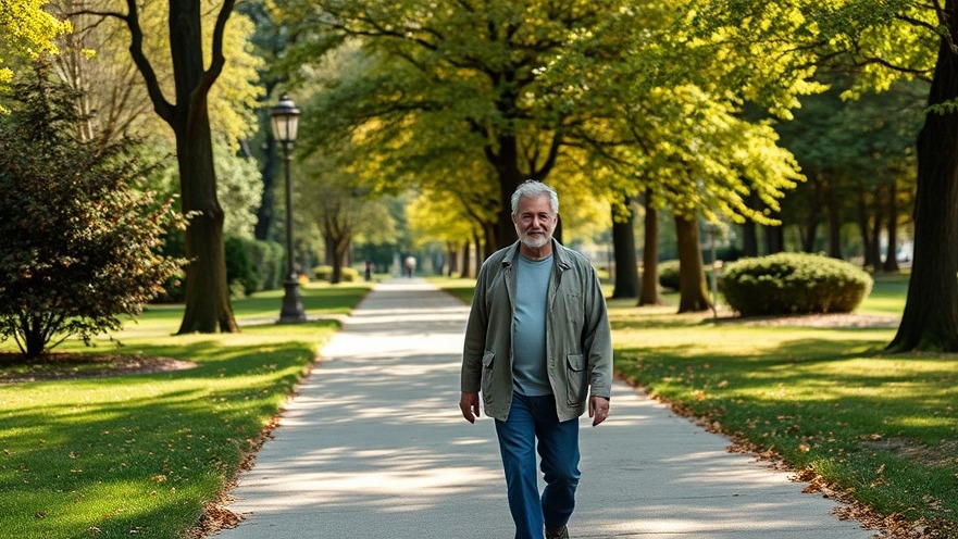 Midlife individual walking in a park, reflecting on valuable lessons learned from Dumbbell.