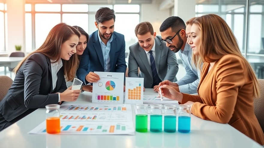 Diverse business professionals discussing pH tests with colorful charts at a modern conference table.