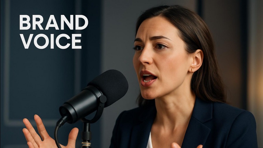 Confident woman delivering authentic storytelling in brand communication, soft lighting.