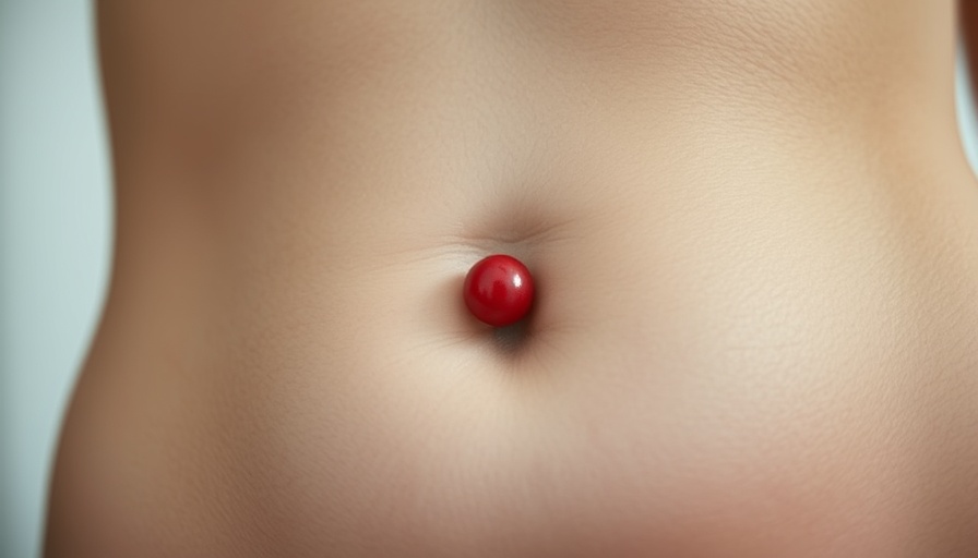 Belly button piercing with redness, infection risks visible.