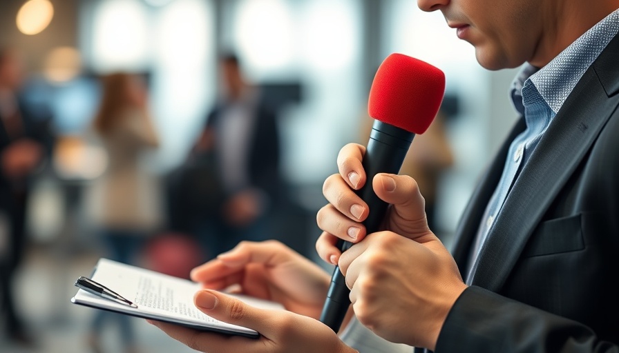 Reporter with red microphone and notepad covering Denver health news.
