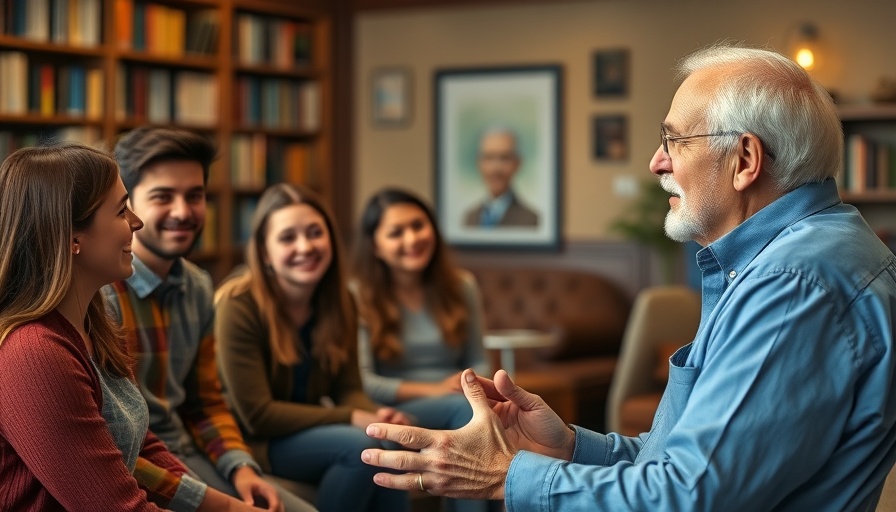Elderly man and young group in library, Denver news discussion.