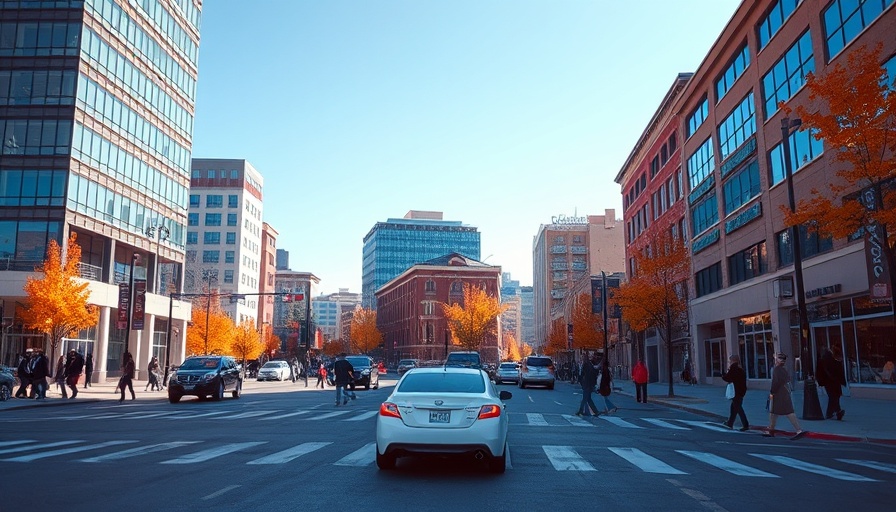 Cherry Creek urban scene with pedestrians and car under clear sky