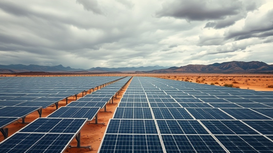 Solar panel field in Colorado desert landscape, mountains in background