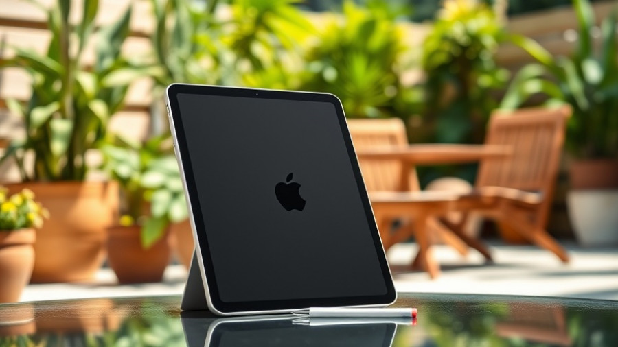 Apple iPad Pro M5 standing on a table in a backyard setting.