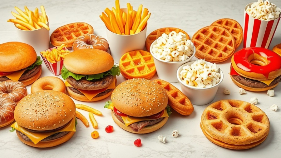 Unhealthy junk food including burgers, fries, and donuts displayed, highlighting worst foods for gut health.