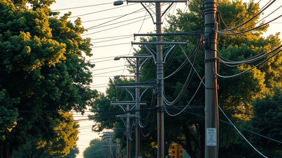 Utility poles with cables and trees in Denver, clear sky.