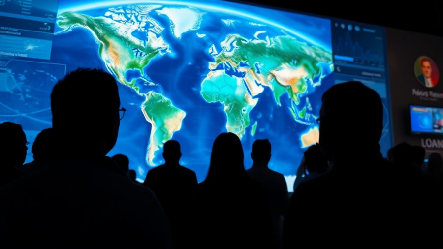 Silhouetted audience viewing a digital Earth map display, vibrant colors.