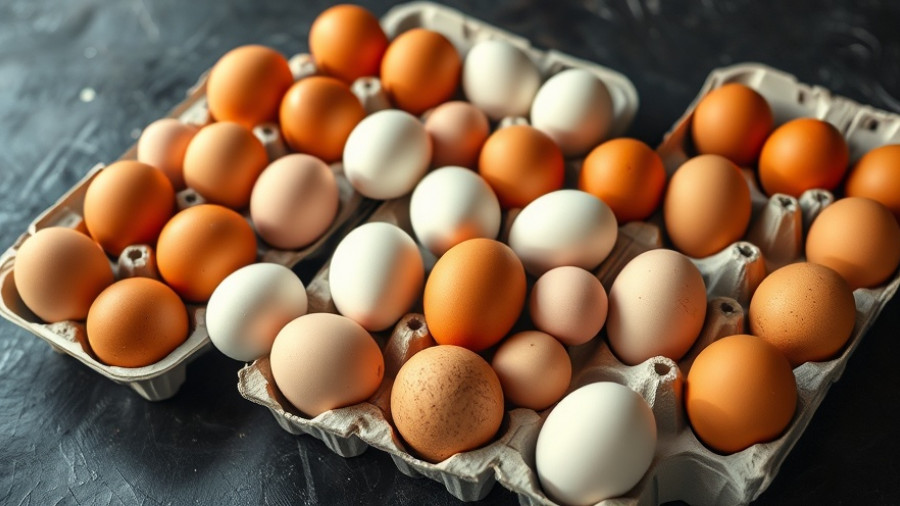 Comparison of brown and white eggs in cartons on a dark surface.