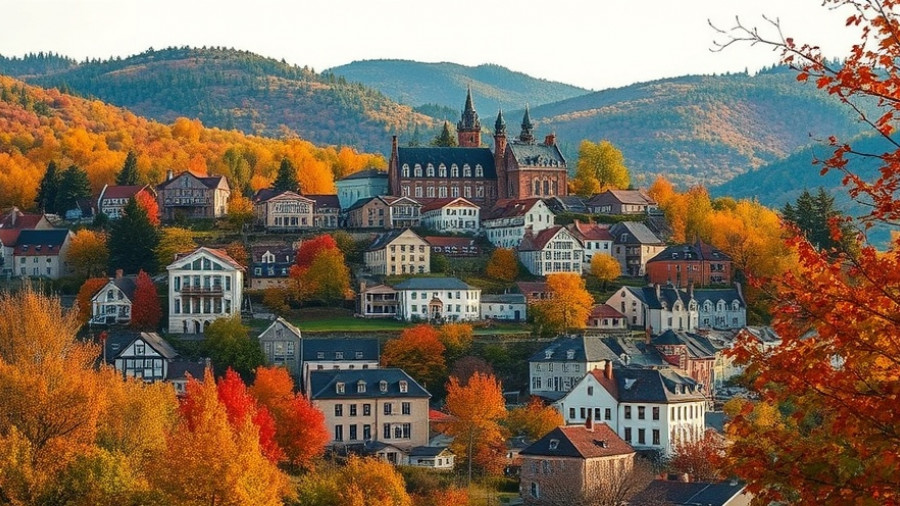 Hillside town with historic Central City Casino Hotel Tower in fall.