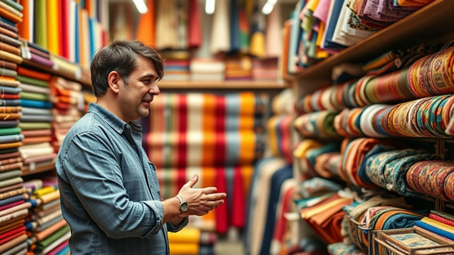 Man in fabric store discussing textiles, Colorado apparel company rebuilds