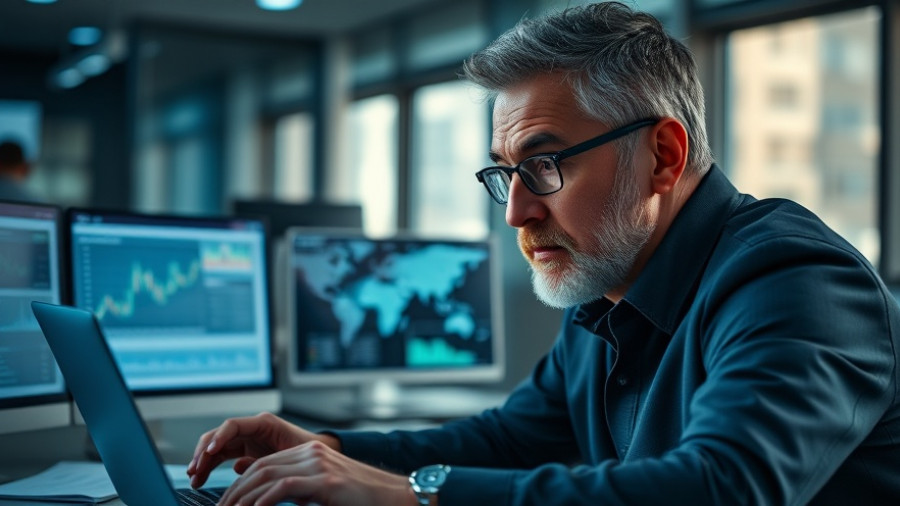 Mature man providing financial advice while reviewing graphs on a laptop.