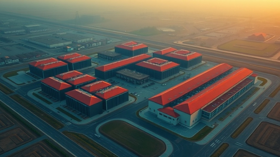 Aerial view of expansive data center complex with red roofs