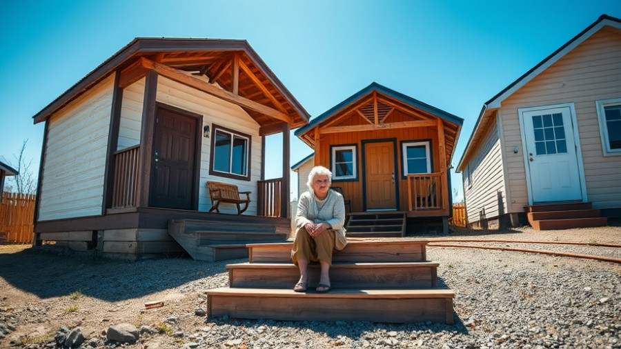 Senior woman in front of tiny homes highlighting senior homelessness in Colorado.